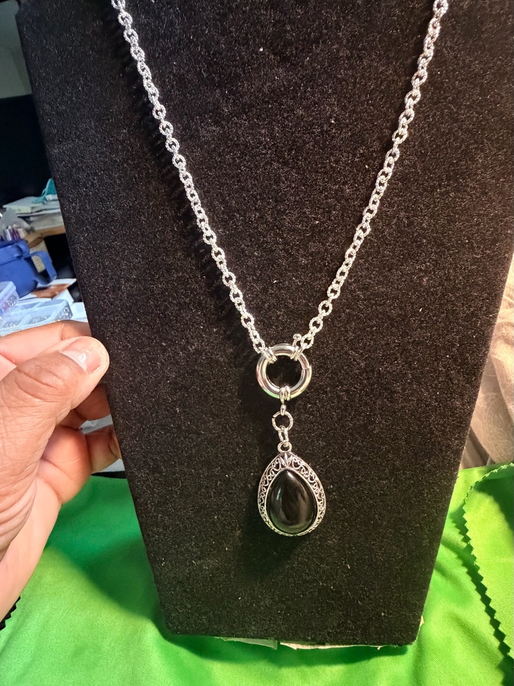 Sterling-Style Silver Pendant Necklace with Black Teardrop Stone